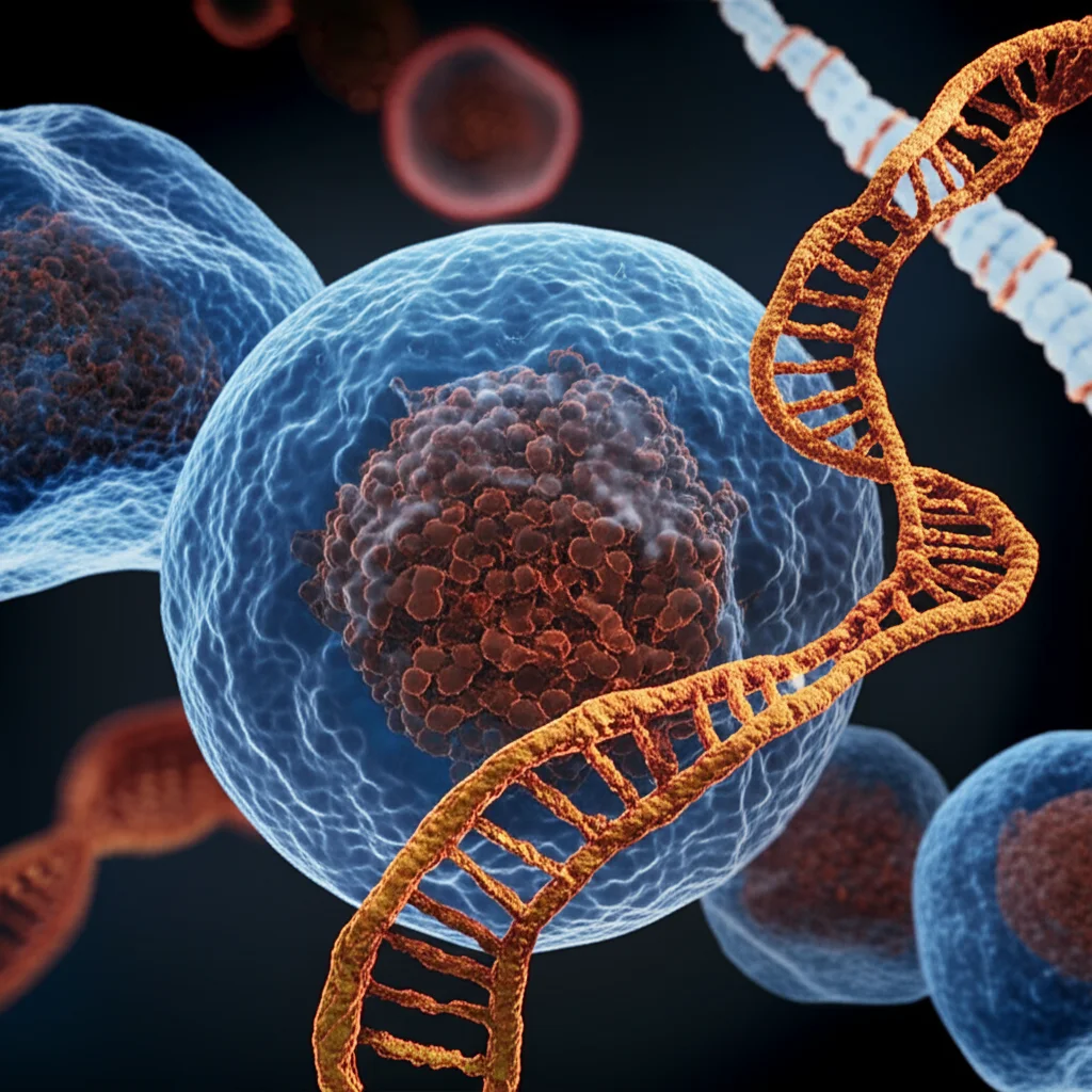 Visualizzazione artistica 3D di filamenti di lncRNA (blu brillante) che si intrecciano attorno a cellule tumorali gastriche (rosso opaco e grigio). Alcune cellule mostrano chiari segni di ferroptosi, con particelle di ferro stilizzate (color ruggine) accumulate e membrane cellulari visibilmente danneggiate e frammentate. Lo sfondo è scuro, quasi nero, per far risaltare i dettagli molecolari e cellulari. L'illuminazione è drammatica, con luci puntiformi che evidenziano le interazioni chiave. Obiettivo macro 70mm, alta definizione, effetto duotone con blu elettrico per gli lncRNA e arancione/ruggine per il ferro e le aree di danno cellulare.