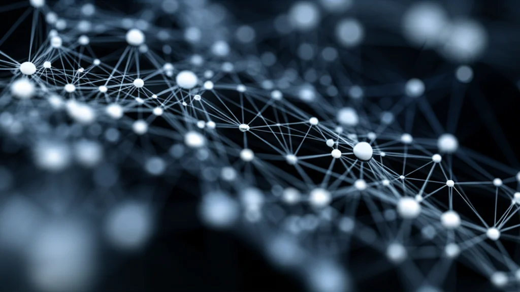 Visualizzazione astratta di cluster di dati interconnessi, con alcuni cluster più densi e altri più sparsi, a simboleggiare le misure di associazione. Wide-angle lens, 15mm, sharp focus, duotone blu e argento, effetto profondità di campo.