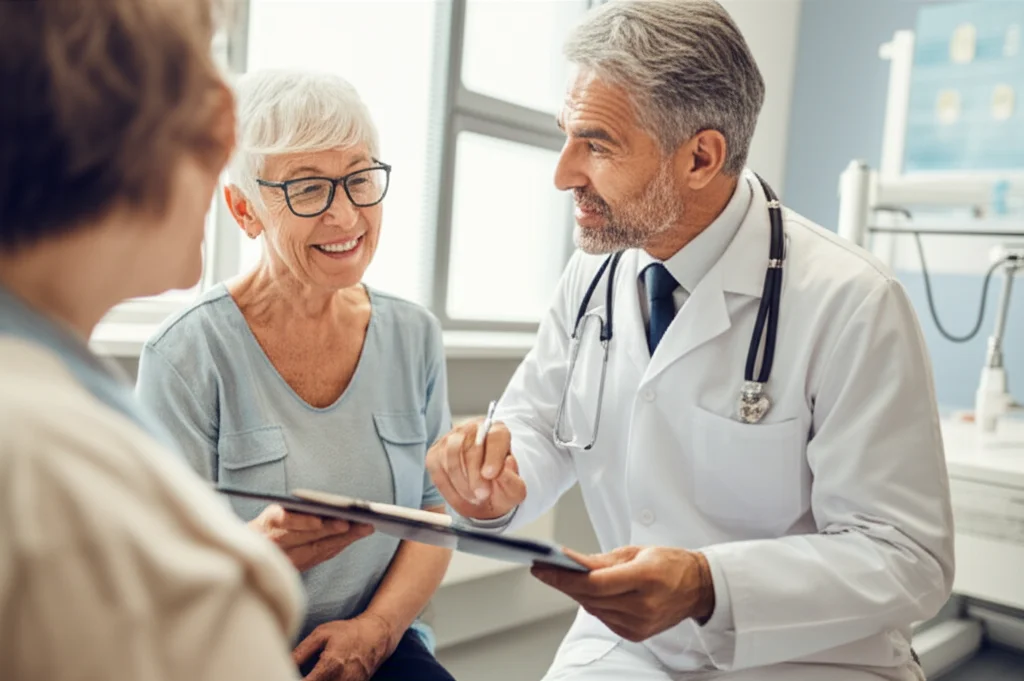 Un ritratto di un medico oncologo che discute con una paziente in un ambiente clinico moderno e luminoso, fotografia di ritratto, obiettivo da 35mm, profondità di campo, toni caldi e rassicuranti.