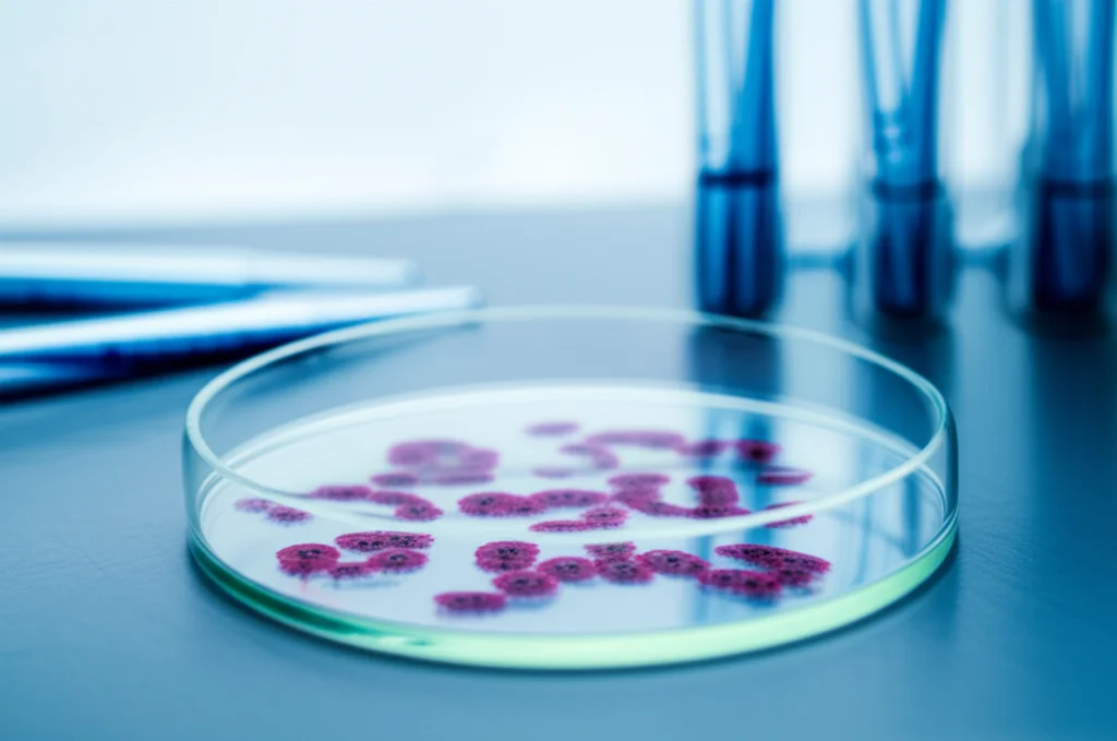 Immagine di laboratorio che mostra vetrini da microscopio con campioni di sangue di pesce, 60mm Macro lens, alta definizione, illuminazione da laboratorio controllata. In primo piano un vetrino con cellule del sangue visibili, sullo sfondo sfocato altri strumenti di analisi come pipette e provette, a simboleggiare l'analisi ematologica.