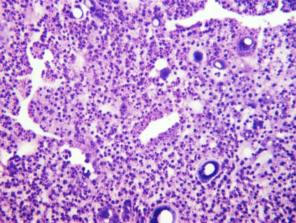 Immagine macro ad alta definizione di tessuto polmonare al microscopio, con illuminazione controllata, che mostra un infiltrato linfocitario diffuso, alcuni linfociti di piccole dimensioni e altri di medie dimensioni, con colori a contrasto per evidenziare le diverse popolazioni cellulari, focale 100mm. L'immagine dovrebbe avere un aspetto clinico e scientifico, con dettagli nitidi delle strutture cellulari.