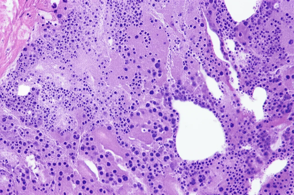 Fotografia di un vetrino istologico polmonare sotto un microscopio, obiettivo macro 60mm, con focus preciso su una lesione linfoepiteliale (LEL) dove cellule linfomatose di medie dimensioni, positive al CD20, infiltrano l'epitelio bronchiale. Illuminazione da laboratorio chiara e precisa, dettagli cellulari ben visibili.