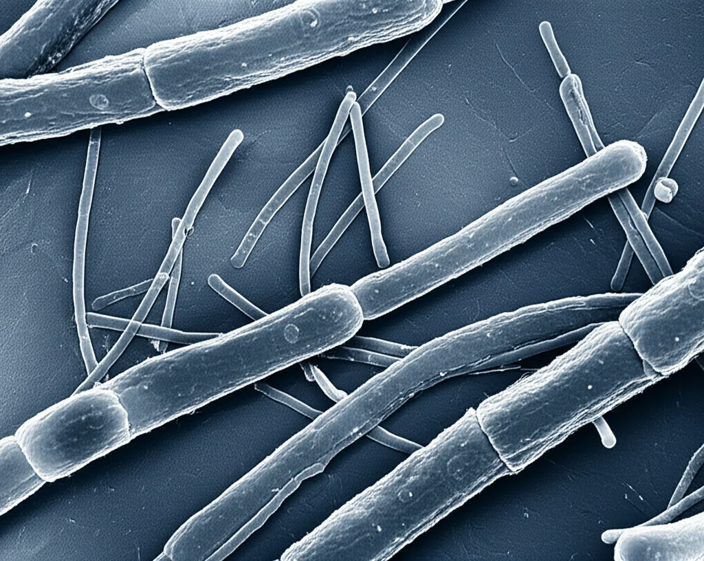 Immagine al microscopio di batteri Acinetobacter baumannii, con un'enfasi sulla loro struttura e un accenno visivo alla resistenza agli antibiotici. Macro lens, 100mm, alta definizione, illuminazione controllata, duotone blu e grigio per un effetto scientifico.