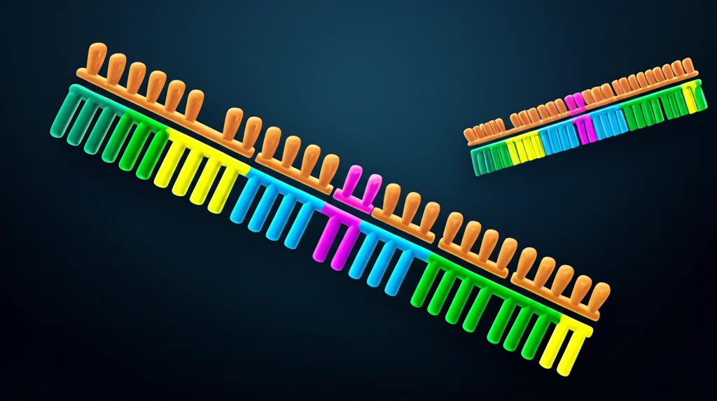 Visualizzazione astratta di elementi genetici mobili come trasposoni e sequenze di inserzione che si spostano all'interno del genoma batterico, simboleggiando l'acquisizione di geni di resistenza. Macro lens, 60mm, alta definizione, illuminazione drammatica, colori vivaci su sfondo scuro.