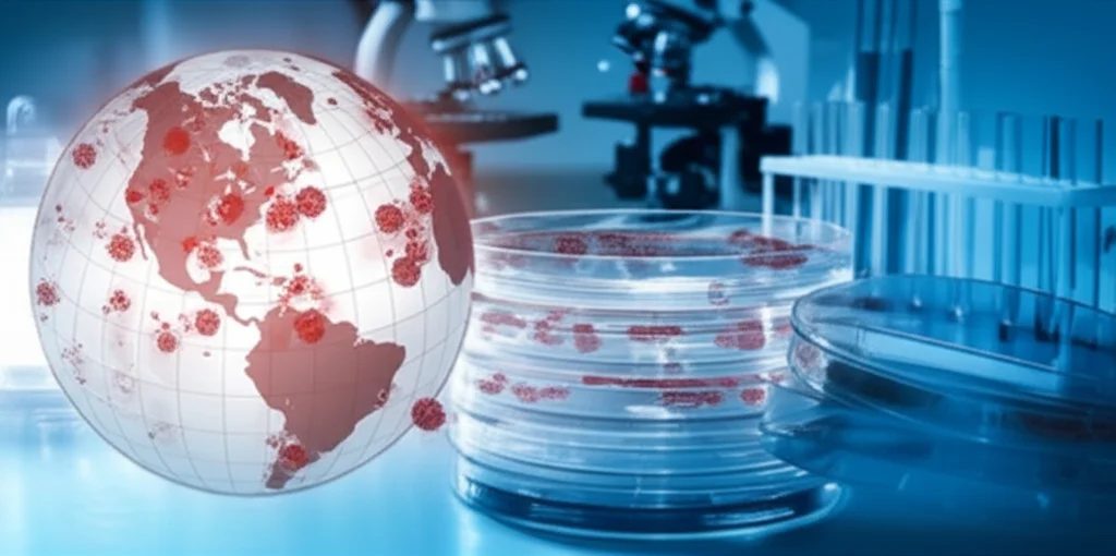 Mappamondo stilizzato che mostra la diffusione globale di un ceppo batterico resistente, con aree evidenziate in rosso. In primo piano, dettagli di laboratorio come piastre Petri e microscopi. Wide-angle, 24mm, focus nitido, atmosfera di urgenza scientifica.