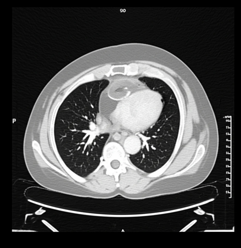 Immagine fotorealistica di una scansione TC addominale che mostra un sarcoma retroperitoneale, con un'enfasi sull'eterogeneità intratumorale. Dettagli: obiettivo macro 100mm, alta definizione, illuminazione controllata per evidenziare le texture interne del tumore, possibile visualizzazione di aree a diversa densità che suggeriscono eterogeneità.