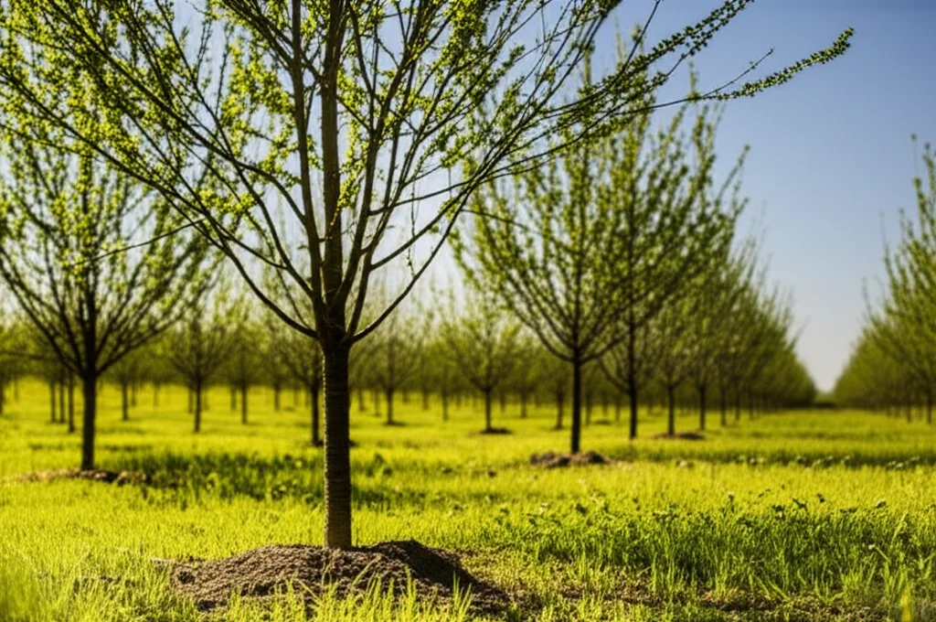 Primo piano di un filare di giovani alberi piantati in un campo coltivato a grano, rappresentando un sistema agroforestale. Macro lens, 60mm, high detail sulle foglie degli alberi e sulle spighe di grano, luce solare diretta che crea contrasti netti, sfondo leggermente sfocato per enfatizzare il soggetto.
