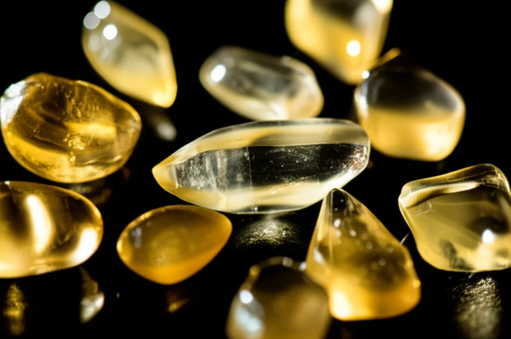 Macro fotografia, 100mm lens, di una collezione di calcoli biliari di colesterolo di varie dimensioni e tonalità giallastre, esposti su una superficie scura e testurizzata, messa a fuoco precisa, illuminazione da studio controllata per evidenziare la loro struttura cristallina.