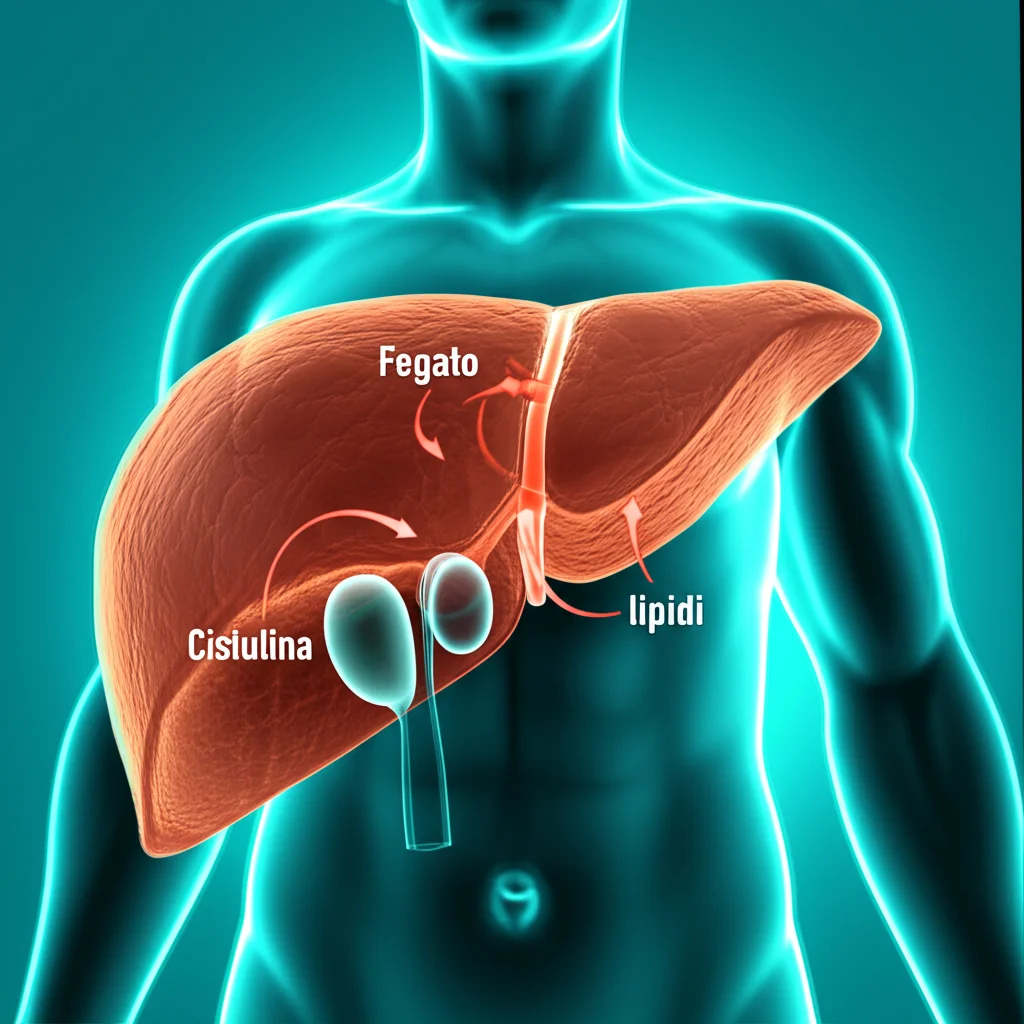 Illustrazione medica stilizzata, 35mm prime lens, che mostra il fegato e la cistifellea con un focus sull'interazione tra insulina, glucosio e lipidi a livello cellulare, con frecce che indicano percorsi metabolici, duotone verde e arancione, profondità di campo per evidenziare l'area di interesse.