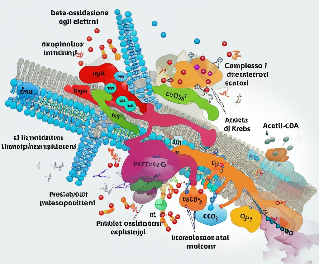 Diagramma stilizzato e fotorealistico di un percorso metabolico all'interno di una cellula, che mostra l'interconnessione tra il ciclo di Krebs, la beta-ossidazione e il Complesso I della catena di trasporto degli elettroni. Molecole chiave come l'acetil-CoA sono evidenziate. Obiettivo macro 60mm, illuminazione controllata per enfatizzare i dettagli, con colori vivaci per distinguere i diversi pathway.