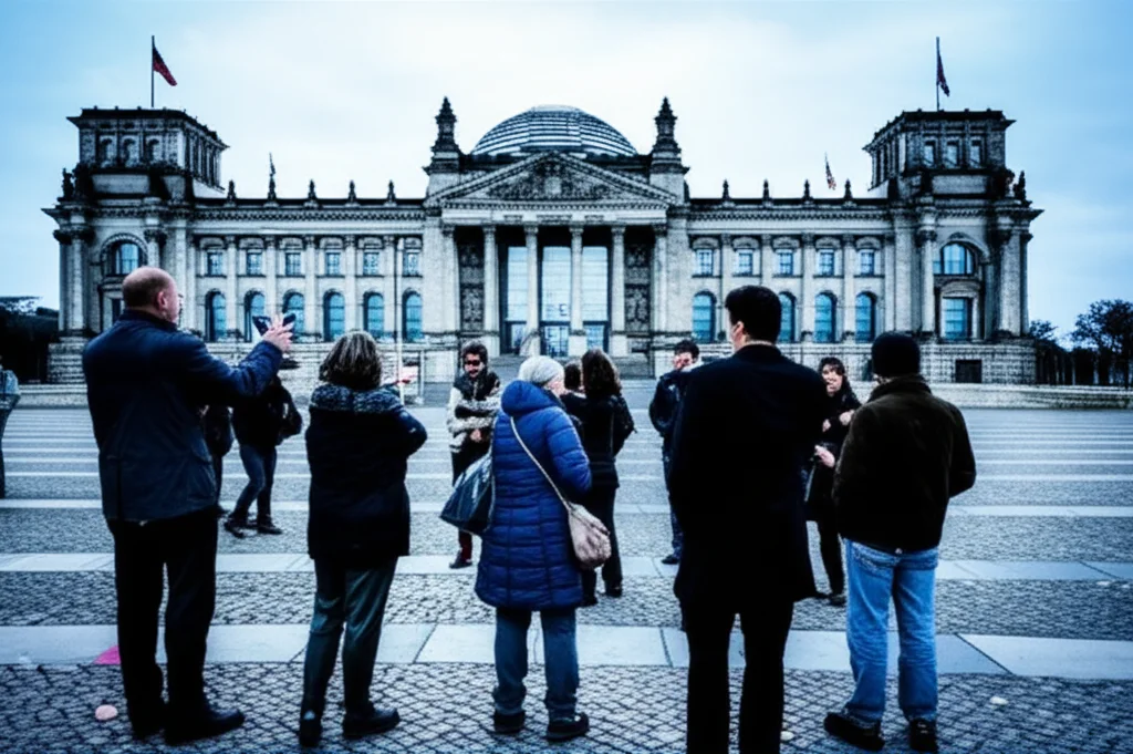 Un gruppo eterogeneo di persone, alcune con passaporti tedeschi in mano, altre in attesa, discute animatamente davanti al Reichstag di Berlino. Luce del tardo pomeriggio, effetto profondità di campo, obiettivo da 35mm, toni blu e grigi.