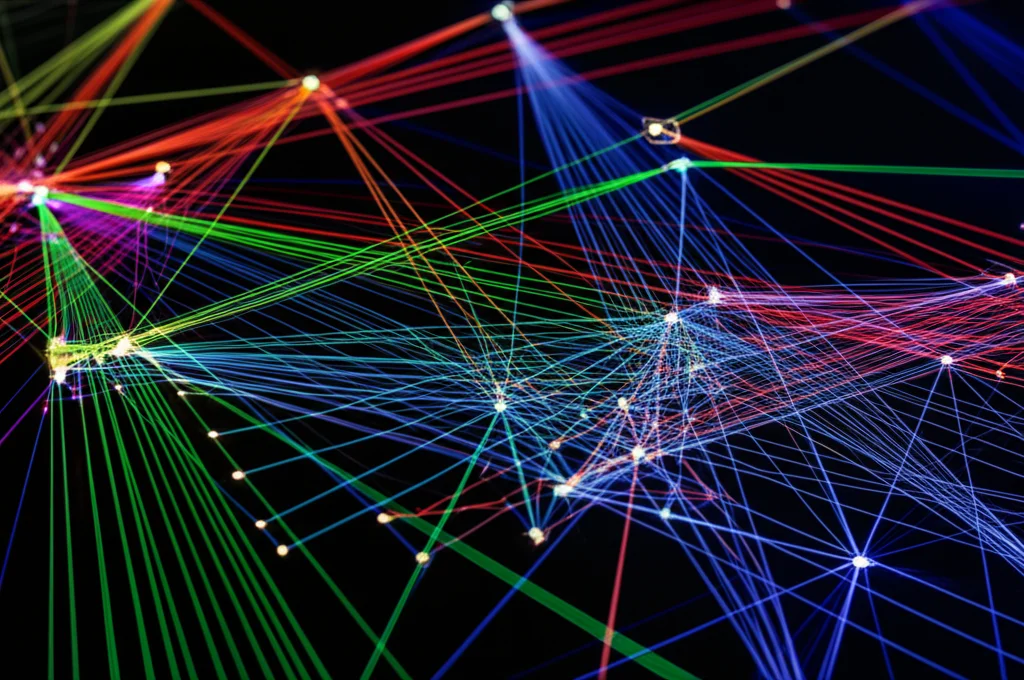 Una mappa concettuale astratta che illustra le interconnessioni tra migrazione, identità e società. Colori vivaci su sfondo scuro, illuminazione controllata, obiettivo macro da 60mm per evidenziare i dettagli delle connessioni.
