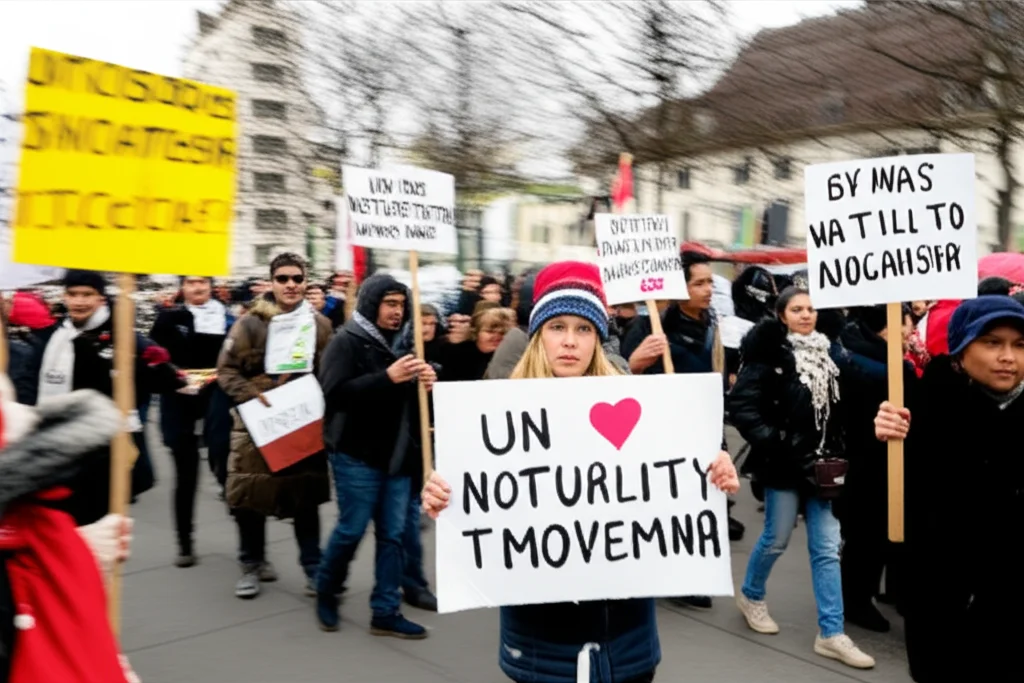Una manifestazione pacifica a Berlino, con persone di diverse età ed etnie che portano cartelli con messaggi di solidarietà e giustizia. Ripresa con teleobiettivo zoom 100-400mm, fast shutter speed per catturare il movimento della folla, focus sul tracciamento dell'azione.