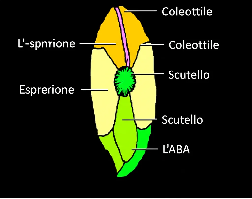 Visualizzazione 3D astratta di un embrione di orzo con aree colorate che indicano l'espressione genica differenziale dovuta all'ABA, simile a una mappa di calore scientifica, resa con dettagli precisi. L'immagine dovrebbe trasmettere l'idea di localizzazione spaziale dell'attività genica, magari con etichette che indicano coleottile, scutello, ecc. con diversi pattern di colore.