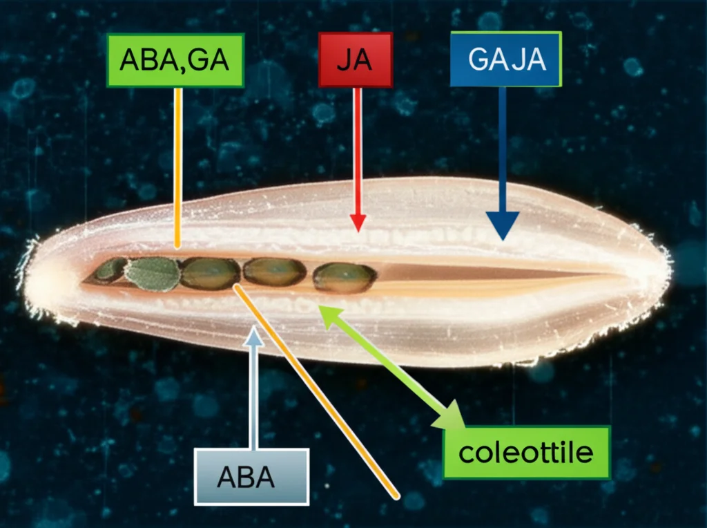 Primo piano di un embrione di orzo sezionato, con il coleottile evidenziato in modo particolare, e sovrapposizioni grafiche astratte che simboleggiano i diversi ormoni (ABA, GA, JA) e le loro interazioni come una rete complessa. Stile infografica scientifica, obiettivo macro 60mm, illuminazione che mette in risalto le texture dell'embrione.