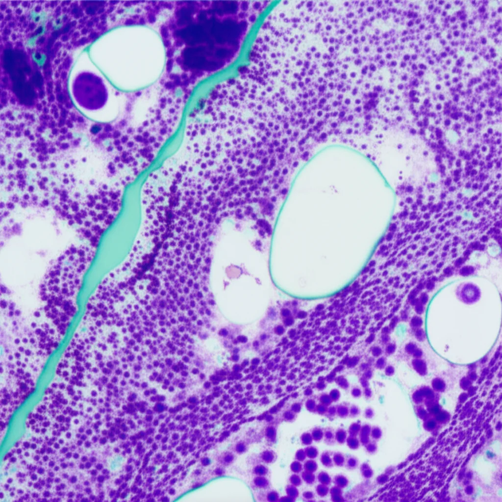 Immagine al microscopio elettronico a trasmissione che mostra granuli di glicogeno ridotti e un reticolo endoplasmatico rugoso espanso e degenerato in una cellula epatica affetta da MASLD. Macro lens, 80mm, high detail, precise focusing.