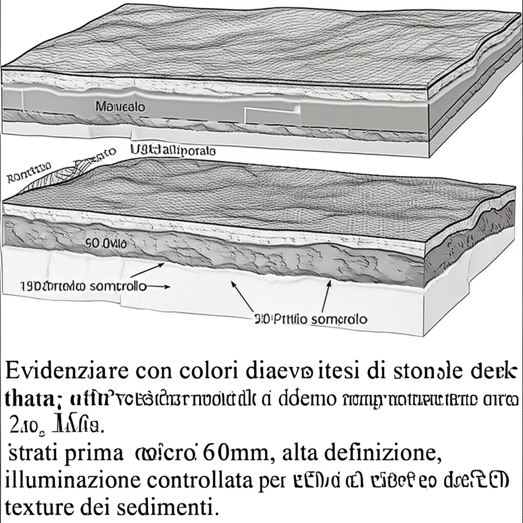 Illustrazione scientifica di una sezione trasversale del fondale oceanico dell'Atlantico settentrionale, che mostra gli strati di sedimento dei contourite drifts. Evidenziare con colori diversi gli strati prima e dopo i 3.6 Ma. Obiettivo macro 60mm, alta definizione, illuminazione controllata per evidenziare le texture dei sedimenti.