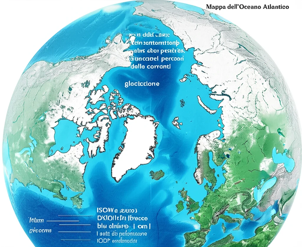 Mappa dell'Oceano Atlantico settentrionale che mostra i percorsi delle correnti ISOW (frecce blu scuro) e DSOW (frecce blu chiaro), con i siti di perforazione IODP evidenziati. Sovrapporre un effetto 'ghiaccio' stilizzato sull'emisfero nord per indicare la glaciazione. Obiettivo grandangolare 10-24mm, stile infografica scientifica, colori vividi.