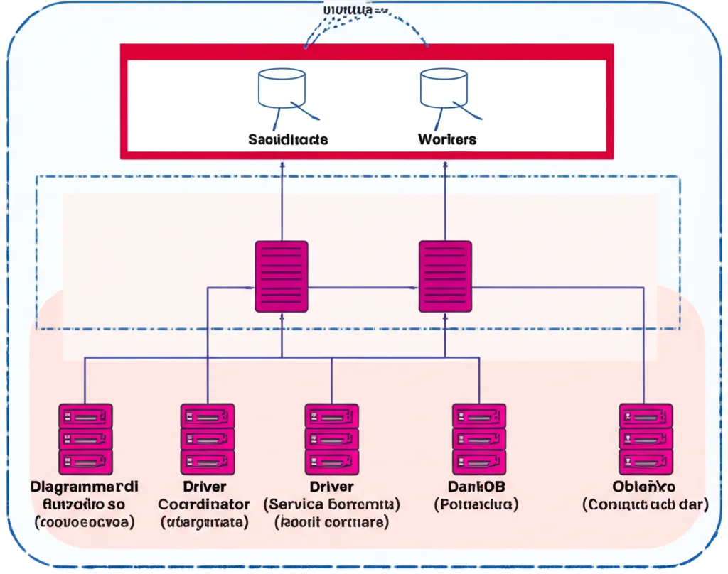 Diagramma di flusso astratto che illustra i componenti di FunDa (Service Coordinator, Driver, DaskDB Scheduler, Workers) che interagiscono tra loro. Icone stilizzate per i server e i flussi di dati. Obiettivo prime 35mm, profondità di campo, duotono ciano e magenta.