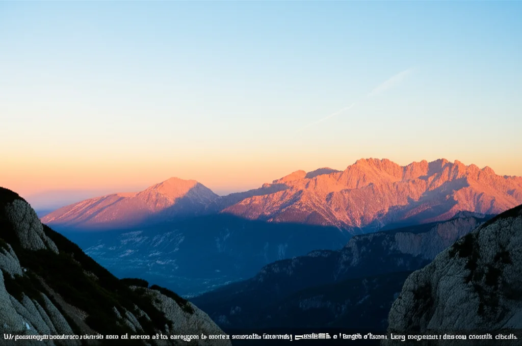 Un paesaggio montano vasto e sereno all'alba, con la luce che illumina le cime. Simboleggia le nuove possibilità e l'ampio orizzonte aperto da FunDa. Landscape wide angle, 10mm, long exposure times, smooth clouds.