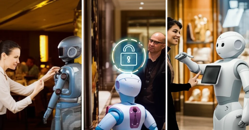 Un'immagine composita che mostra tre scenari: a sinistra, una persona interagisce con un robot dall'aspetto molto meccanico in un ristorante, con un'espressione neutra. Al centro, una persona guarda con sospetto un robot mediamente antropomorfo in un hotel, con un'icona di un lucchetto sulla testa del robot a simboleggiare la preoccupazione per la privacy. A destra, una persona sorride interagendo con un robot altamente antropomorfo in un negozio di lusso. Fotografia realistica, prime lens 35mm, depth of field, illuminazione ambientale specifica per ogni contesto (calda per ristorante, neutra per hotel, brillante per negozio).