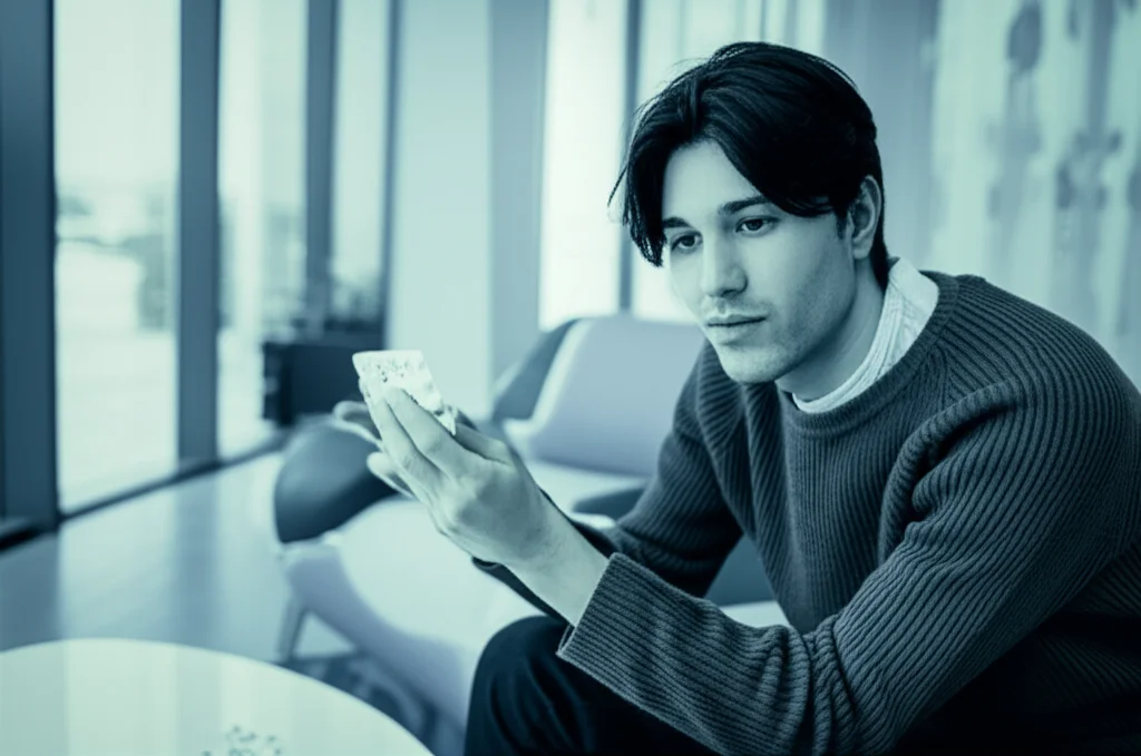 Un giovane adulto, tra i 18 e i 21 anni, guarda con espressione incerta una confezione di farmaci PrEP tenuta in mano, seduto in una clinica moderna e luminosa, obiettivo 50mm, luce soffusa, leggero effetto duotone blu e grigio.