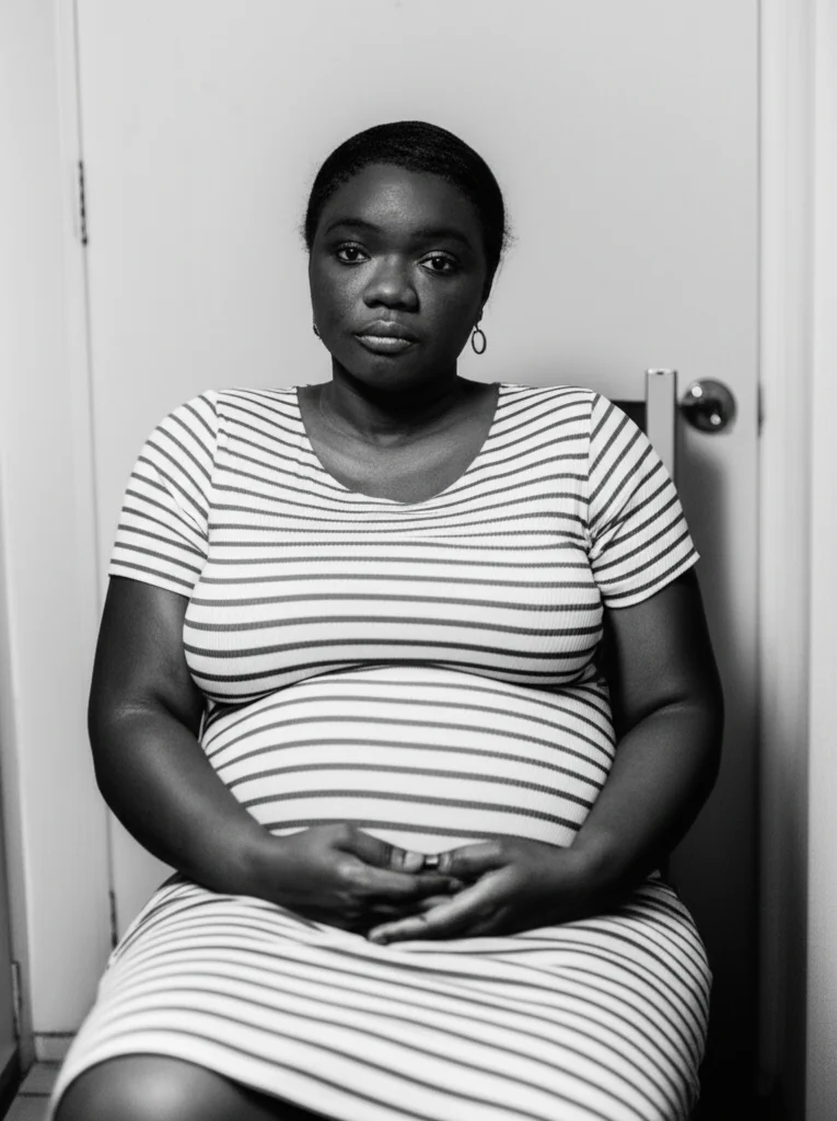 Fotografia di una giovane donna nera incinta, con un'espressione preoccupata ma forte, seduta in una stanza d'ospedale poco illuminata. Obiettivo da ritratto 35mm, bianco e nero, profondità di campo per mettere a fuoco il suo viso, simboleggiando la vulnerabilità e la resilienza di fronte alle sfide del sistema sanitario.