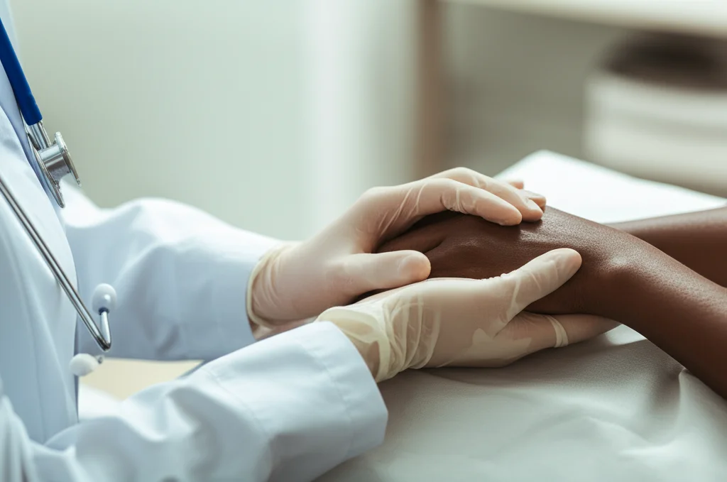 Un primo piano sulle mani intrecciate di una donna nera e di un operatore sanitario in un ambiente clinico, con un obiettivo macro da 60mm per evidenziare il dettaglio e la texture. L'illuminazione è controllata e soffusa, a simboleggiare la necessità di fiducia e comunicazione empatica nell'assistenza sanitaria.