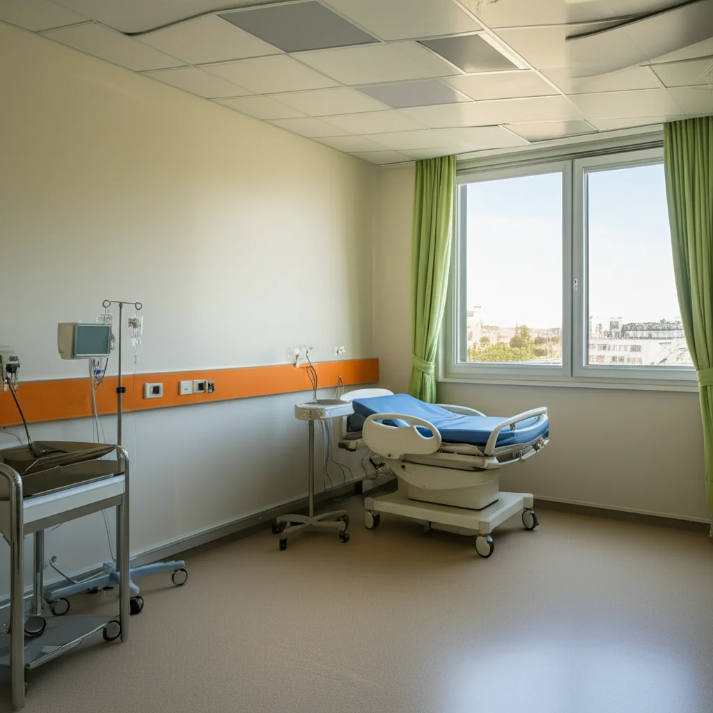 Immagine grandangolare di una sala parto moderna e luminosa, ma vuota, con un obiettivo da 10mm per dare un senso di vastità e forse di attesa o solitudine. Luce naturale che entra da una finestra, creando un'atmosfera serena ma che potrebbe anche suggerire l'assenza di calore umano se non gestita con empatia.