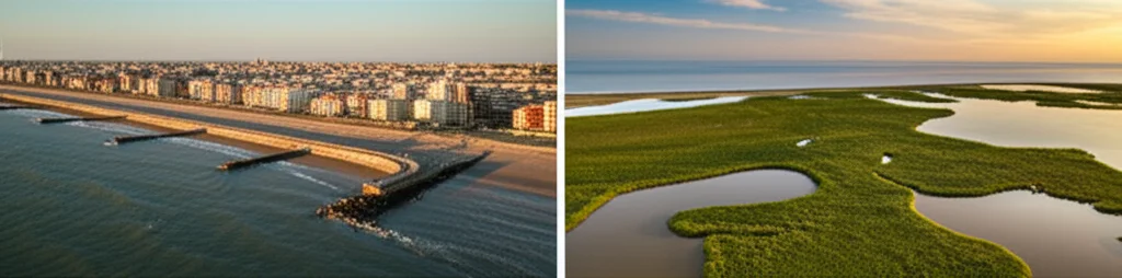 Veduta aerea di un sistema di argini tradizionali in cemento che protegge una zona costiera urbanizzata, con il mare che lambisce pericolosamente le strutture. Accanto, una zona umida costiera rigogliosa che funge da cuscinetto naturale. Obiettivo grandangolare 10-24mm, lunga esposizione per acqua liscia, focus nitido, luce del tardo pomeriggio.