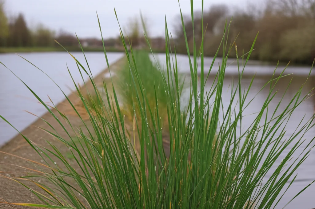 Primo piano dettagliato di una sezione di argine orizzontale, mostrando la vegetazione palustre (giunchi, erbe alte) con gocce d'acqua sulle foglie, e sullo sfondo sfocato l'argine tradizionale più arretrato. Obiettivo macro 90mm, alta definizione, illuminazione controllata per evidenziare la texture delle piante, profondità di campo ridotta.