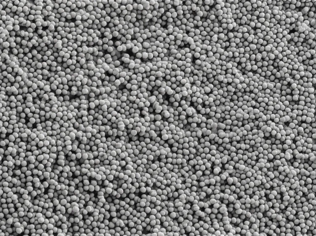 Immagine macro ad alta definizione di nanoparticelle di ossido di cerio (CeO2) su una superficie scura, con illuminazione controllata per evidenziare la texture e la struttura cristallina del catalizzatore. Obiettivo macro 100mm, alta definizione, messa a fuoco precisa.