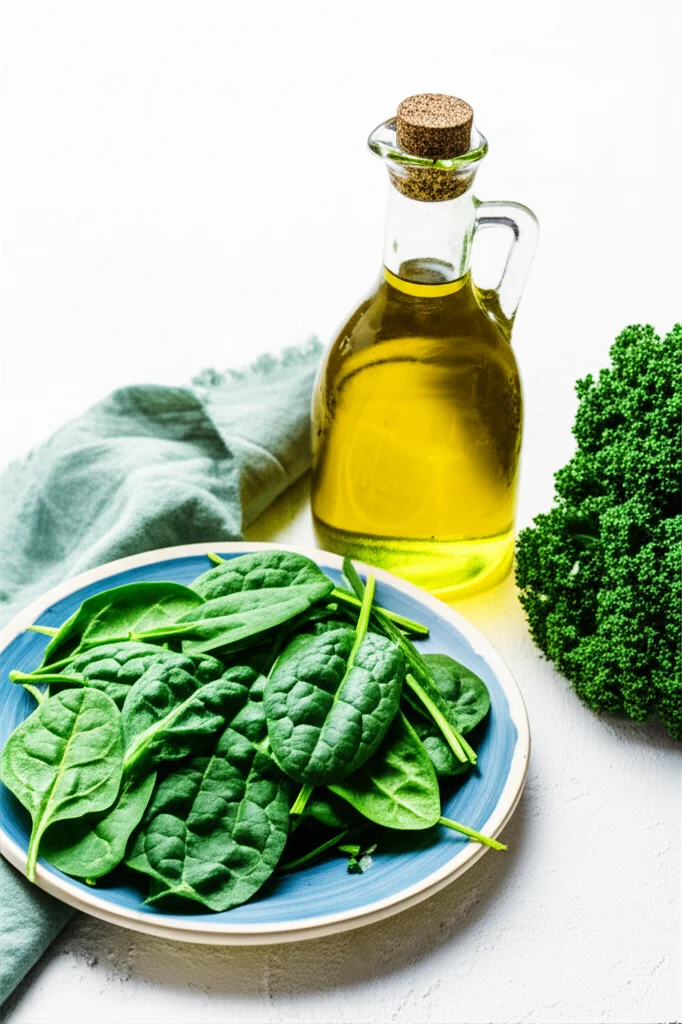Fotografia still life di un piatto colorato con verdure a foglia verde come spinaci e cavolo riccio, accanto a una bottiglia di olio d'oliva, illuminazione da studio controllata per alta definizione, obiettivo macro 85mm.