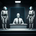 Immagine concettuale di un'aula di tribunale futuristica dove l'intelligenza artificiale dibatte sull'autenticità delle notizie. Un giudice robotico presiede, mentre due IA, rappresentate da ologrammi luminosi, argomentano. L'ambiente è high-tech, con schermi che mostrano flussi di dati. Obiettivo prime, 24mm, bianco e nero con un duotone blu e grigio, profondità di campo per un effetto cinematografico.