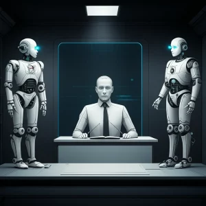 Immagine concettuale di un'aula di tribunale futuristica dove l'intelligenza artificiale dibatte sull'autenticità delle notizie. Un giudice robotico presiede, mentre due IA, rappresentate da ologrammi luminosi, argomentano. L'ambiente è high-tech, con schermi che mostrano flussi di dati. Obiettivo prime, 24mm, bianco e nero con un duotone blu e grigio, profondità di campo per un effetto cinematografico.