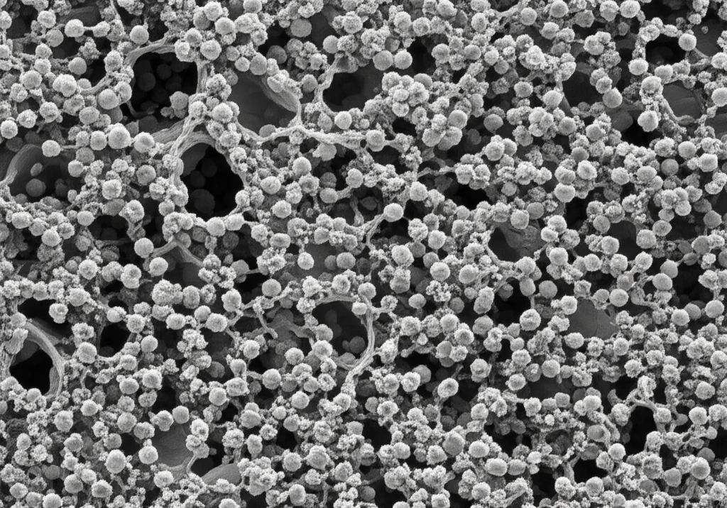 Immagine fotorealistica di un campione di materiale granulare umido analizzato con microtomografia a raggi X, evidenziando la complessa interazione tra particelle solide e fase liquida, con ponti liquidi visibili, illuminazione da studio, obiettivo macro 100mm, alta definizione e focus preciso sulla microstruttura.