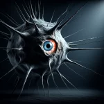 Immagine simbolica che contrappone una cellula tumorale stilizzata e aggressiva su sfondo scuro e una rappresentazione astratta e frammentata di un nervo ottico danneggiato, con una luce fioca e morente che simboleggia la perdita della vista. Stile cinematografico noir, obiettivo 35mm, profondità di campo ridotta per isolare gli elementi, toni blu e grigi duotone.