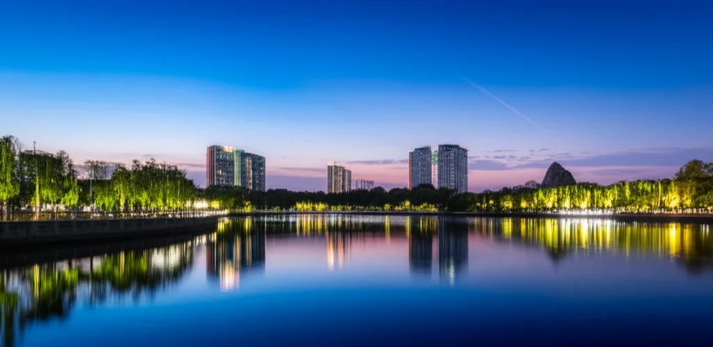 Paesaggio grandangolare, 10mm, vista serena del Wuhan Garden Expo Park che fonde paesaggi naturali con sovrapposizioni digitali sottili rappresentanti l'analisi dei dati e il feedback dei visitatori che fluisce nella scena, lunga esposizione per acqua e nuvole setose, focus nitido.