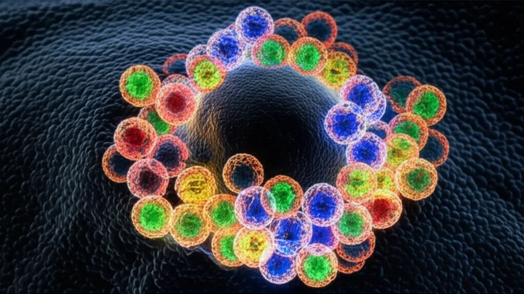 Photorealistic image showing a cluster of glowing nanoparticles, each containing multiple different colored molecules, surrounding a dark, irregular cancer cell. Macro lens, high detail, precise focusing, controlled lighting.