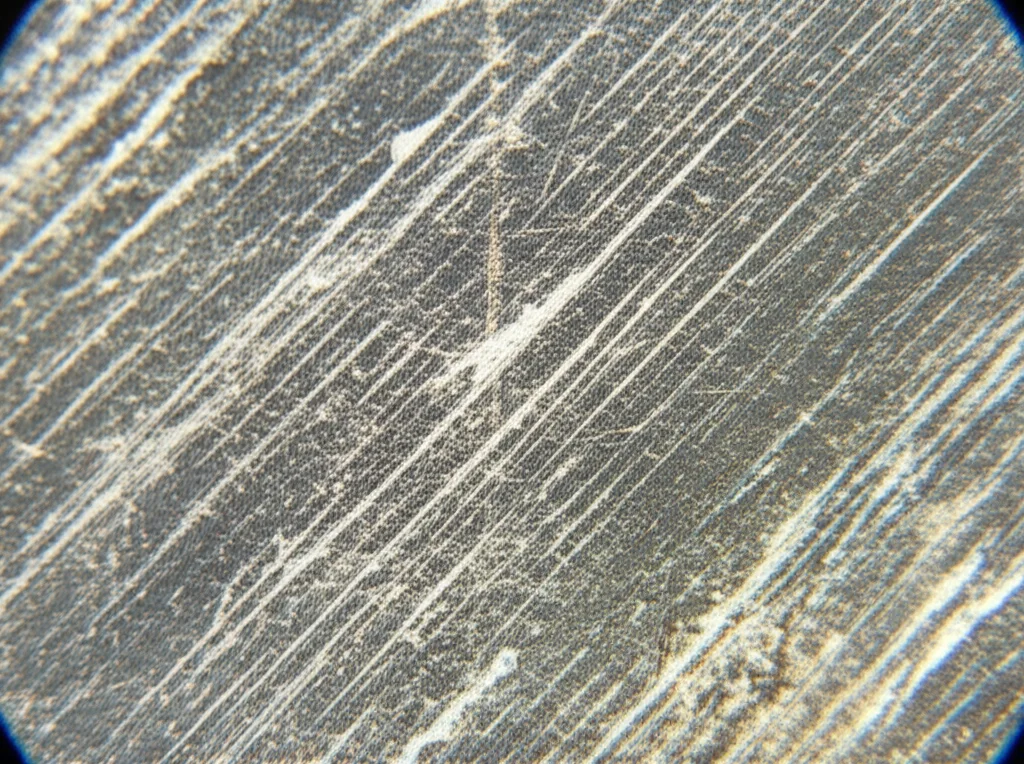 Primo piano dettagliato di una sezione trasversale di materiale cementizio carbonatato, macro lens 100mm, alta definizione, illuminazione laterale per esaltare la diversa tessitura tra la zona carbonatata e quella integra, con visibili micro-fratture e precipitati cristallini.