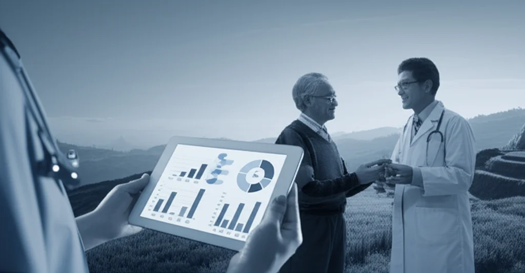 Un'immagine concettuale che rappresenta l'integrazione tra tecnologia sanitaria e cura del paziente diabetico in un contesto rurale. Un tablet con dati sanitari e grafici di andamento in primo piano, tenuto da mani curate; sullo sfondo, leggermente sfocato, un paesaggio sereno di campagna cinese al mattino e un medico sorridente che parla con un paziente anziano. Prime lens, 35mm, depth of field, duotone blu e grigio per un'atmosfera professionale e calma.