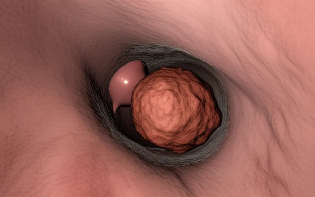 Visualizzazione 3D altamente realistica dell'interno di una vescica umana con un tumore pT1 in evidenza, illuminazione medica precisa, obiettivo macro 60mm per dettaglio, texture realistiche della mucosa vescicale e del tumore.