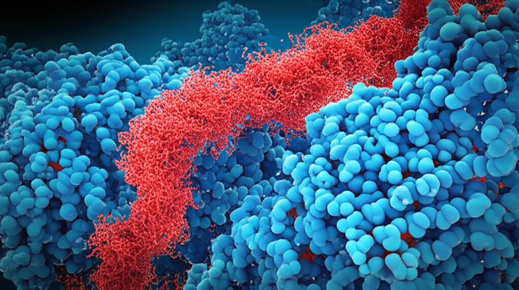 Visualizzazione 3D artistica e fotorealistica di una molecola di RNA circolare (circPOLD1) di colore rosso brillante che interagisce strettamente con una proteina YBX1 di colore blu, su uno sfondo scuro che simboleggia l'ambiente cellulare. Illuminazione drammatica che evidenzia il punto di contatto, profondità di campo ridotta.