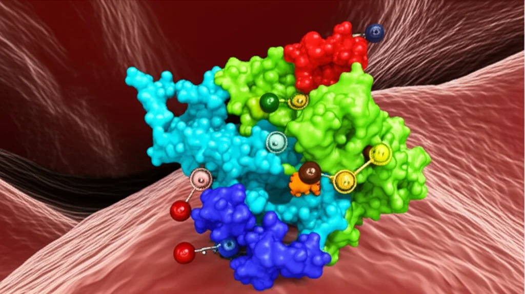 Visualizzazione 3D della proteina DnaK di Actinobacillus seminis che interagisce con molecole di transferrina e lattoferrina cariche di ferro, su uno sfondo che rappresenta l'ambiente dell'epididimo. Obiettivo macro, 90mm, alta definizione, illuminazione da studio per enfatizzare le interazioni molecolari.