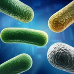 Visualizzazione 3D di nanoparticelle sferiche di colore grigio metallico e dorato (a simboleggiare zinco/ferro/cromo e cerio) che interagiscono con cellule batteriche stilizzate di colore verde su uno sfondo blu scuro high-tech. Illuminazione drammatica che evidenzia le texture delle nanoparticelle e dei batteri, profondità di campo ridotta per focalizzare sull'interazione. Obiettivo prime 35mm, effetto cinematografico.