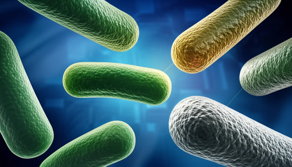 Visualizzazione 3D di nanoparticelle sferiche di colore grigio metallico e dorato (a simboleggiare zinco/ferro/cromo e cerio) che interagiscono con cellule batteriche stilizzate di colore verde su uno sfondo blu scuro high-tech. Illuminazione drammatica che evidenzia le texture delle nanoparticelle e dei batteri, profondità di campo ridotta per focalizzare sull'interazione. Obiettivo prime 35mm, effetto cinematografico.