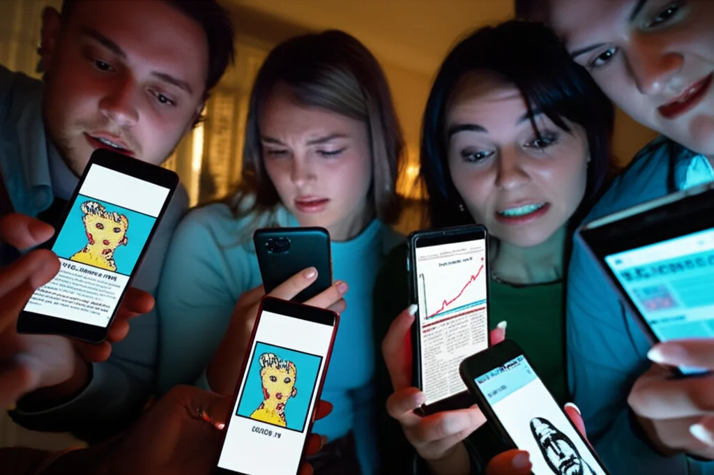 Un gruppo eterogeneo di persone di età diverse che guardano i loro smartphone con espressioni miste di divertimento, confusione e preoccupazione, in un ambiente domestico illuminato dalla luce degli schermi. Alcuni schermi mostrano meme umoristici sul COVID-19, altri grafici sanitari complessi e titoli di notizie. Stile fotorealistico, obiettivo da 35mm, profondità di campo media per includere più volti, illuminazione ambientale soffusa con la luce fredda degli schermi come fonte principale.