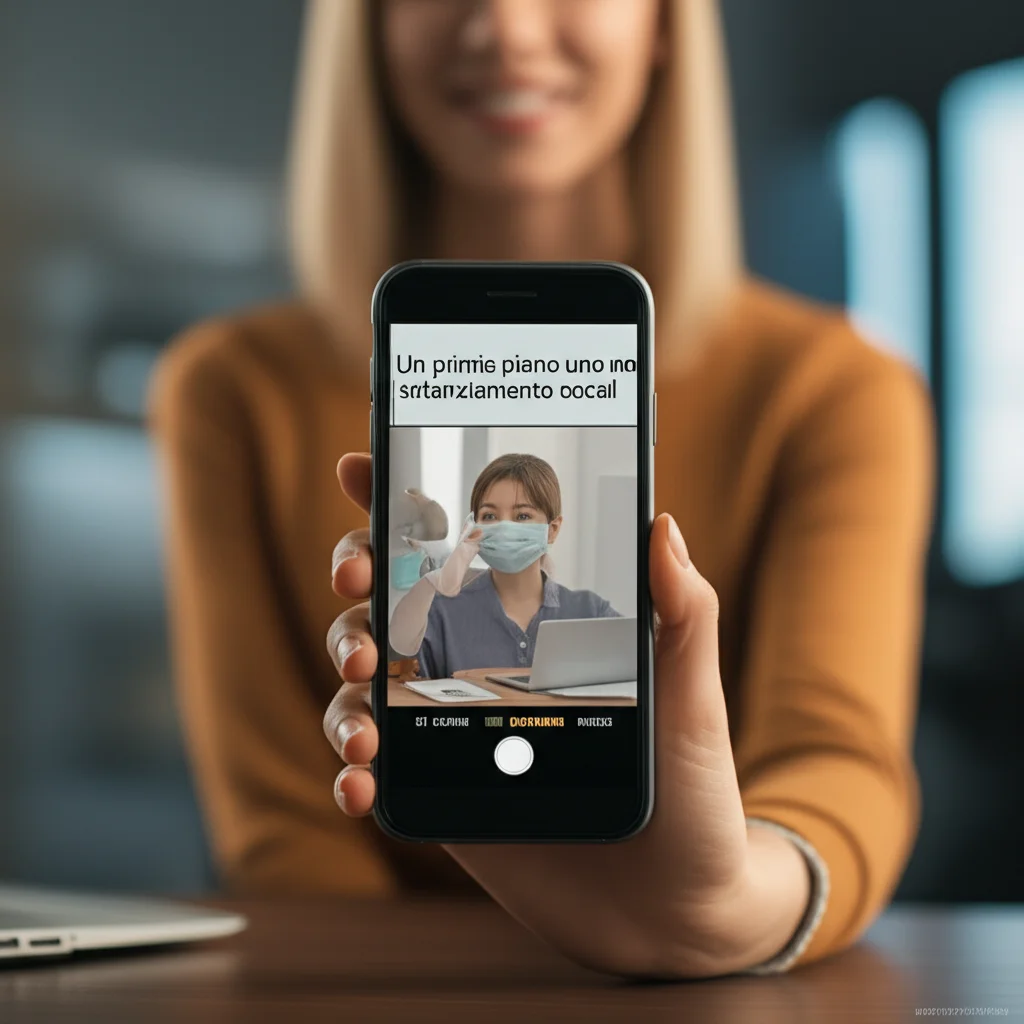 Un primo piano di uno smartphone che mostra un meme umoristico sul distanziamento sociale durante il COVID-19. La mano che tiene il telefono appartiene a una persona che sorride. Sfondo sfocato di un ambiente di lavoro o domestico. Obiettivo macro da 85mm per un dettaglio nitido sullo schermo e una piacevole sfocatura dello sfondo, illuminazione calda e accogliente.