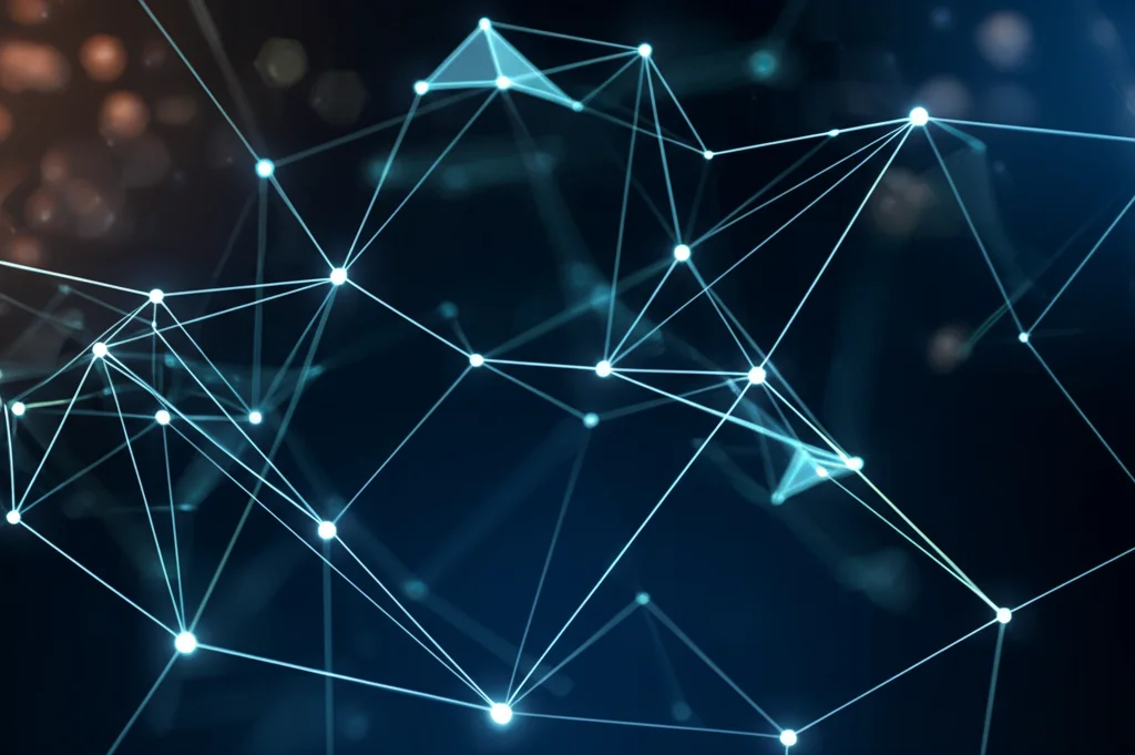 Una visualizzazione astratta della viralità dei meme: nodi luminosi interconnessi che rappresentano utenti e meme, con alcuni meme che si diffondono rapidamente attraverso la rete, cambiando leggermente forma (iterazione) man mano che passano da un nodo all'altro. Colori vivaci su sfondo scuro. Stile grafico digitale, ampio angolo di visione per mostrare la vastità della rete, effetto 'long exposure' per le scie luminose dei meme in movimento.