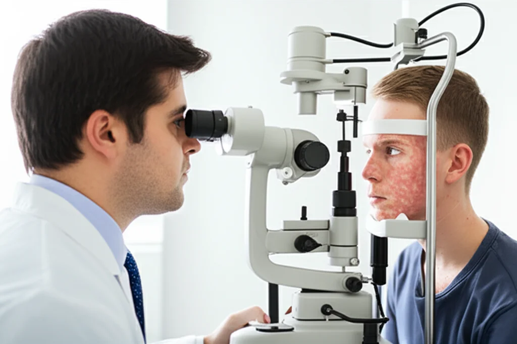 Un giovane paziente con Xeroderma Pigmentoso in una clinica oftalmologica, il medico esamina il suo occhio destro con una lampada a fessura. Ritratto, obiettivo da 35mm, profondità di campo per mettere a fuoco il paziente e il medico, illuminazione soffusa da clinica, dettagli delle lesioni pigmentate sul viso del paziente.